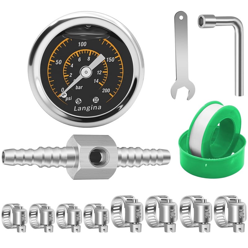 Langina 200psi Fuel Pressure Gauge Kit,0-200psi Fuel Pressure Gauge,3/8" to 5/16" Dual Size Barb Hose Fittings(304SS),1/8" NPT Inline Oil Pressure Gauge with 3/8" 5/16" Barb - Image 1
